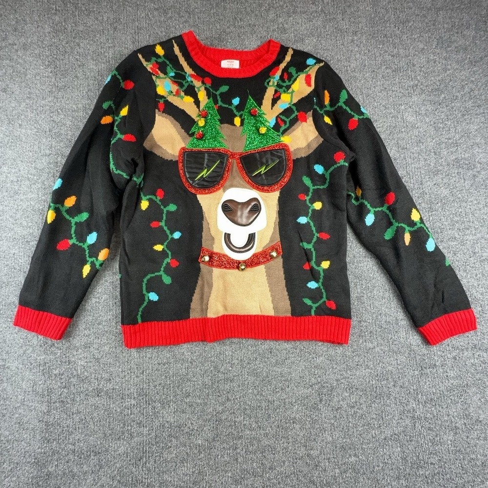 Holiday Time Mens XL Black Reindeer Lights Ugly Christmas Sweater HT45100147385D